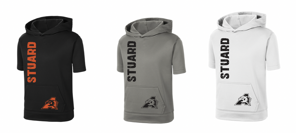 Stuard Distressed Logo Moisture Management Short Sleeve Hoodie - optional logo (Stuard/Bearcat)