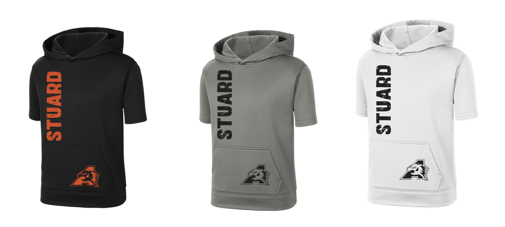 Stuard Distressed Logo Moisture Management Short Sleeve Hoodie - optional logo (Stuard/Bearcat)