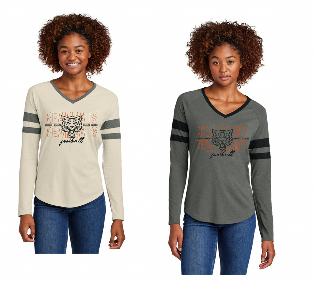 Aledo FootballBearcat Face Logo V-Neck Long Sleeve Stripe Tee