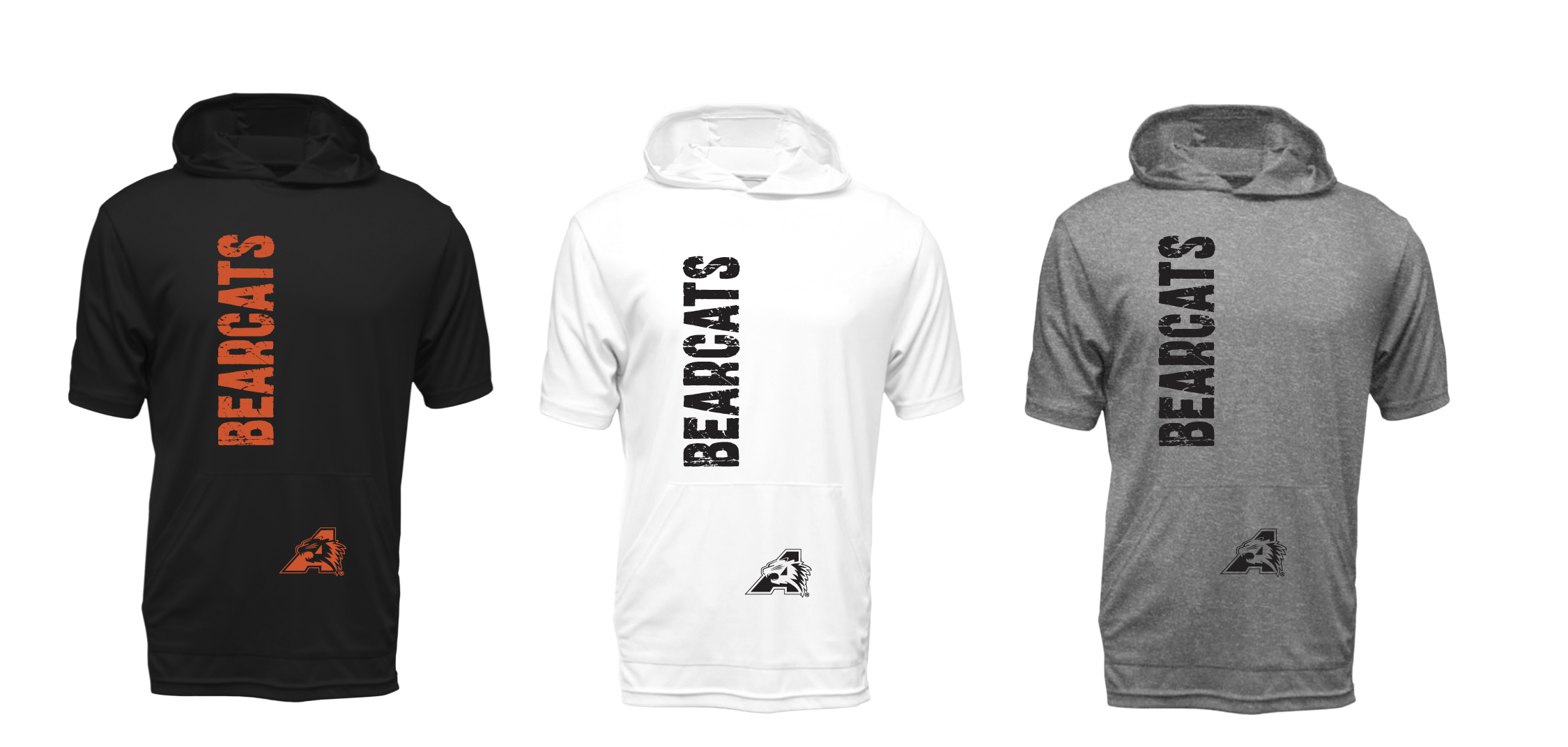 Stuard Distressed Logo Short Sleeve Moisture Management Hooded Tees - optional logo (Stuard/Bearcat)
