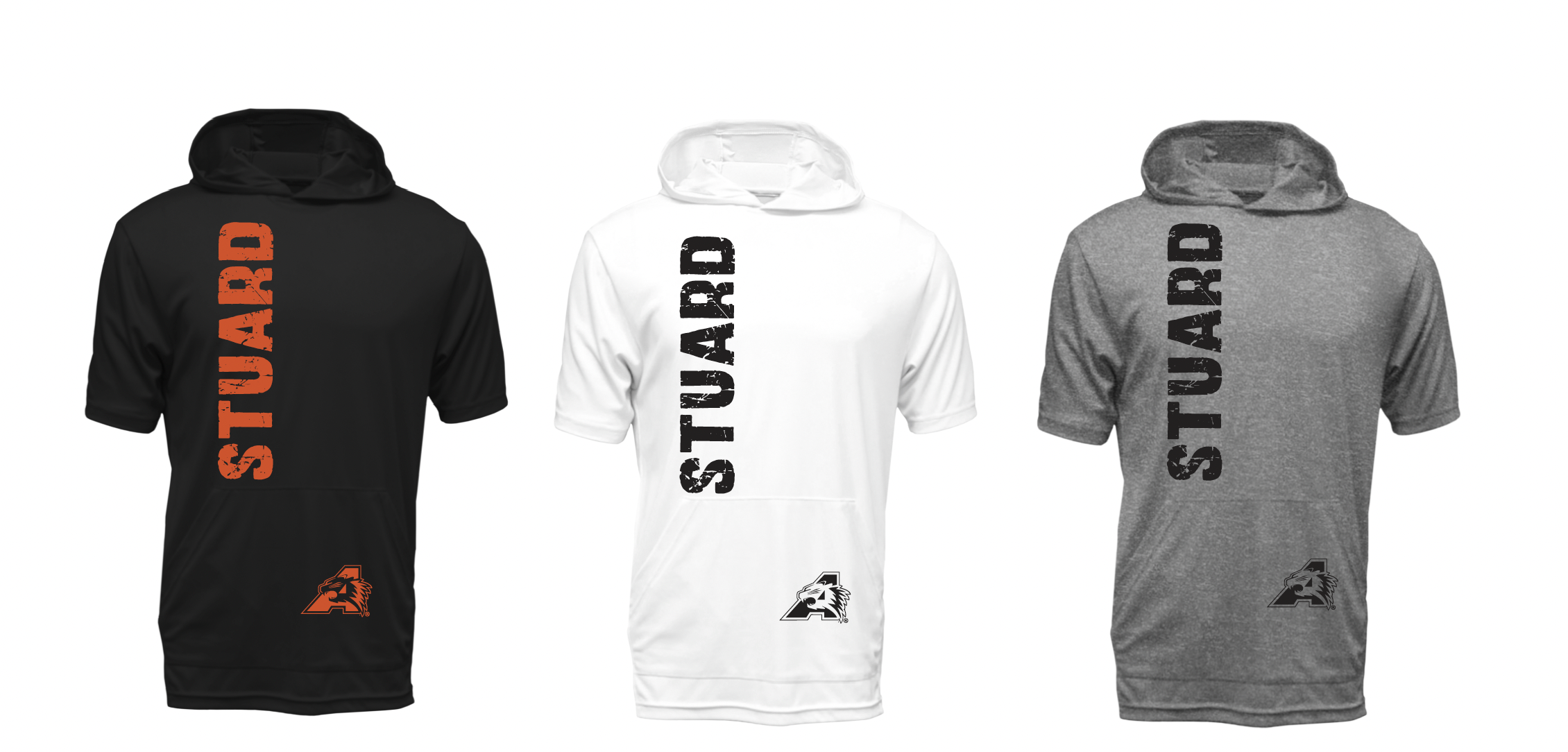 Stuard Distressed Logo Short Sleeve Moisture Management Hooded Tees - optional logo (Stuard/Bearcat)