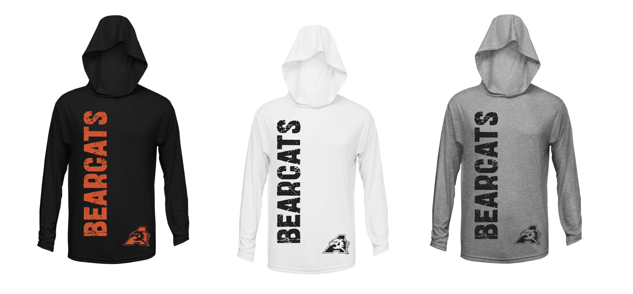 Stuard Distressed Logo Long Sleeve Moisture Management Hooded Tees - optional logo (Stuard/Bearcat)