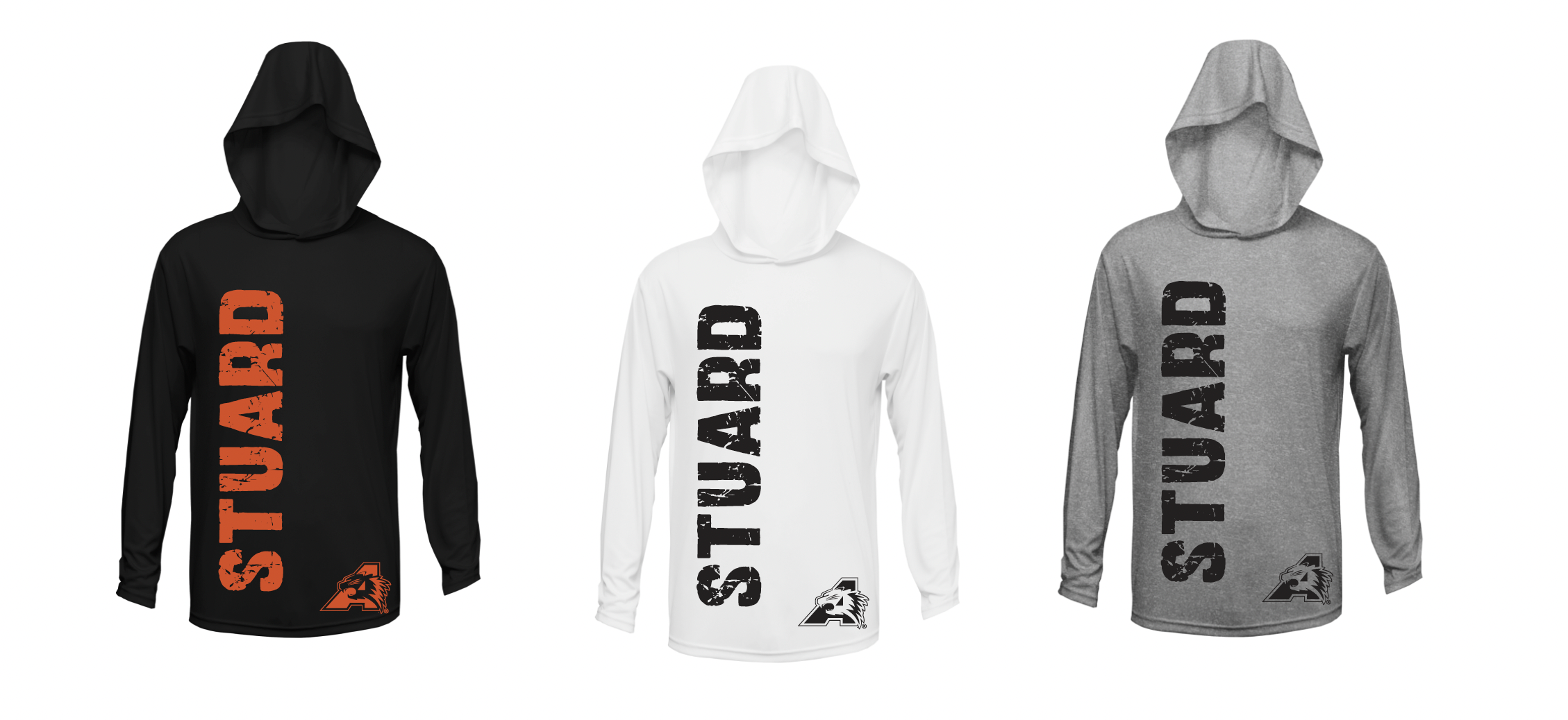 Stuard Distressed Logo Long Sleeve Moisture Management Hooded Tees - optional logo (Stuard/Bearcat)