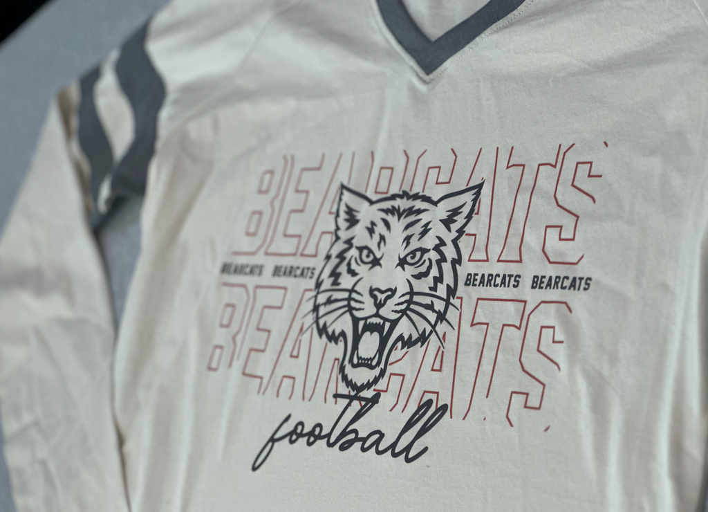 Aledo FootballBearcat Face Logo V-Neck Long Sleeve Stripe Tee